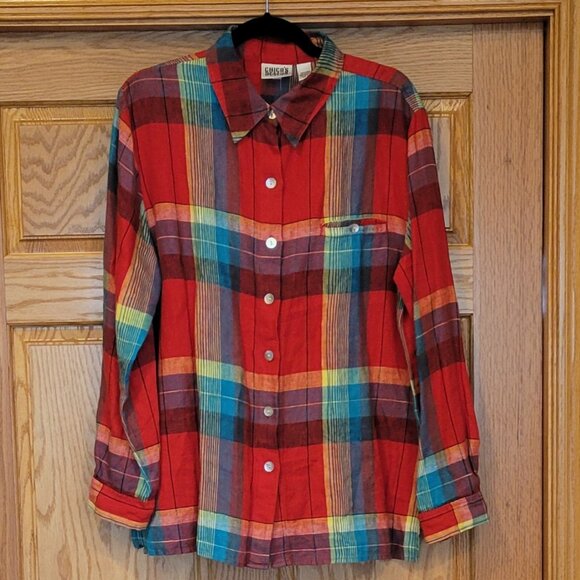 Chico's 100% Linen Red Plaid Long Over-sized Button Front Shirt Size L NWOT NEW - Picture 6 of 9